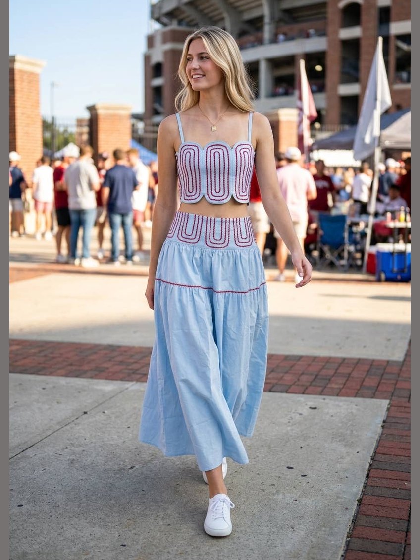 Lace Trimmed Skirt Set - Powder Blue / Red