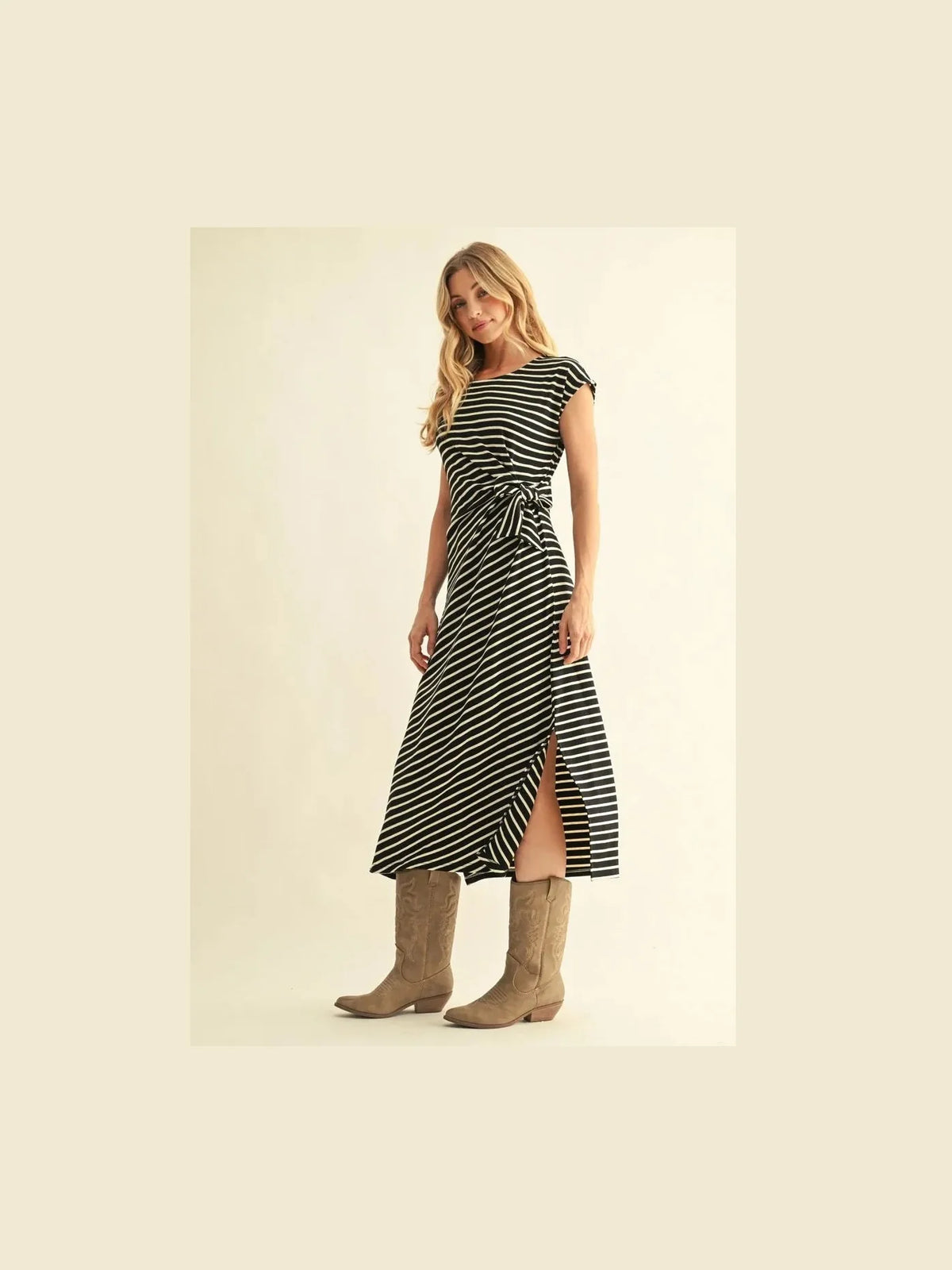 Drop Shoulder Stripe Midi Dress - Black