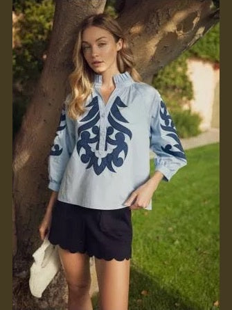 Light Blue Blouse with Navy Applique