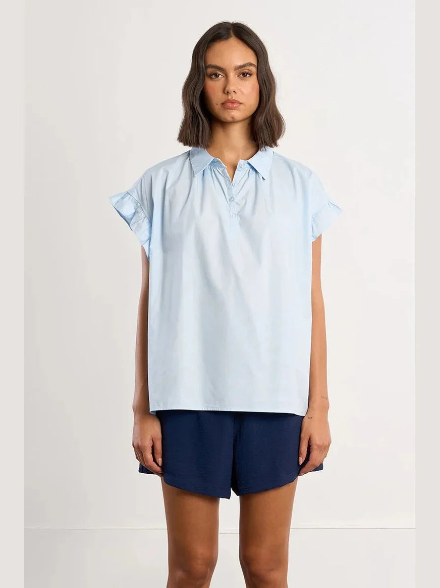 Light Blue Poplin Ruffle Sleeve Top