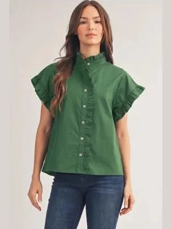 Ruffle Sleeve Button Up Blouse - Hunter Green