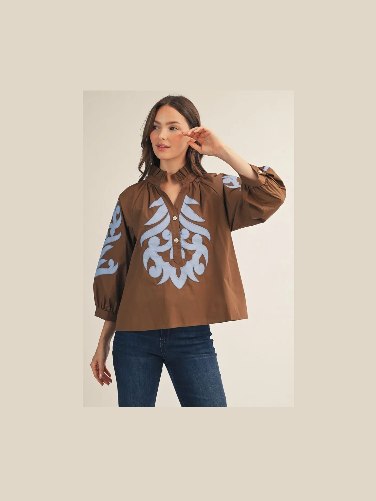 Brown Blouse with Blue Appliqué