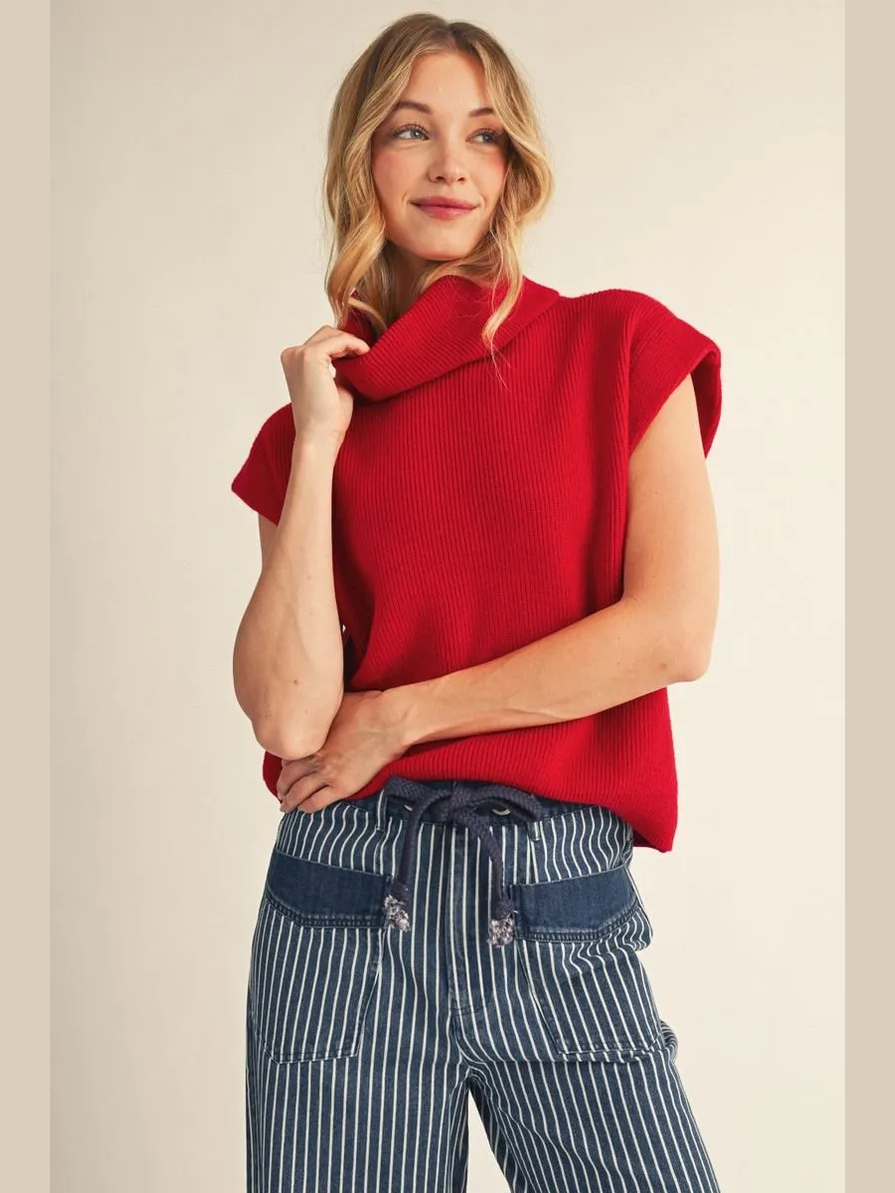 Turtle Neck Short Sleeve Sweater - Red