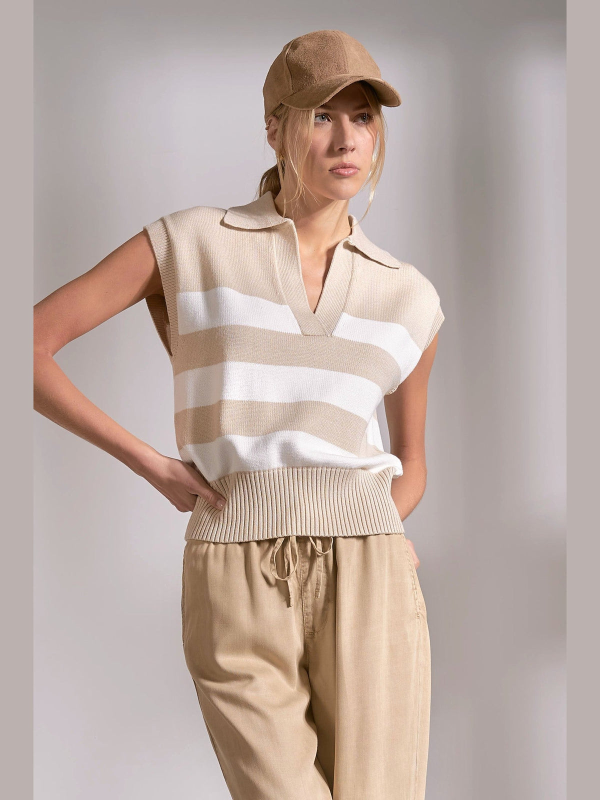 Beige Striped Collared Woven Sweater