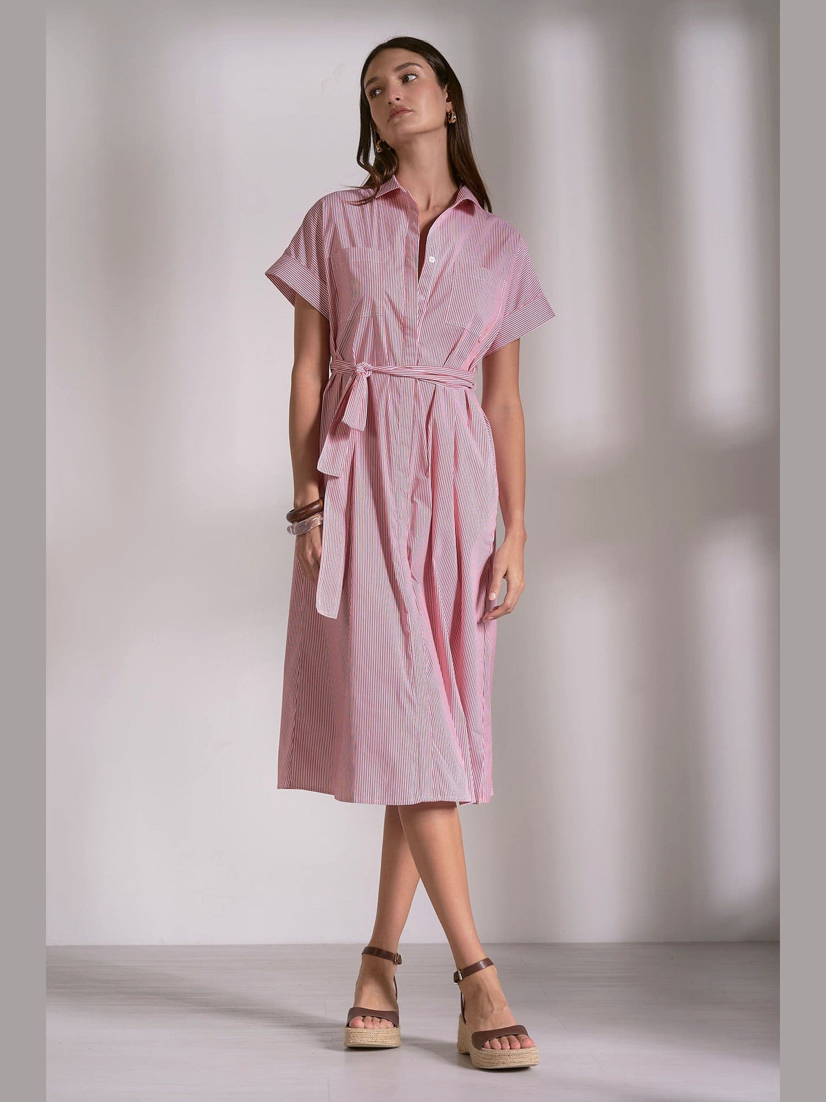 Striped Collared Tie Wrap Dress - Red