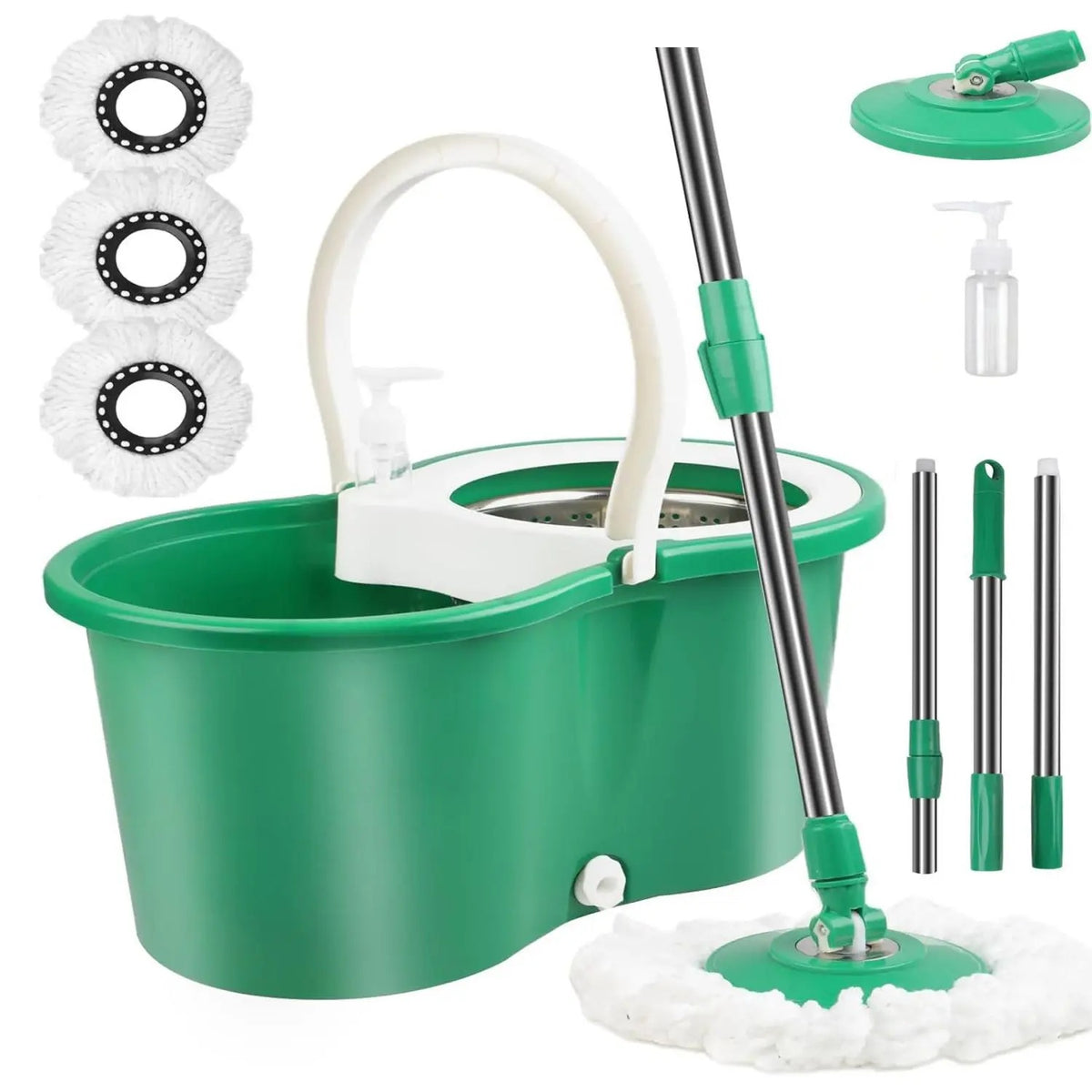 Spin Mop and Bucket Set, 360° Rotating Mop with Wringer, 3 Microfiber Replacement Heads & 61-Inch Adjustable Handle