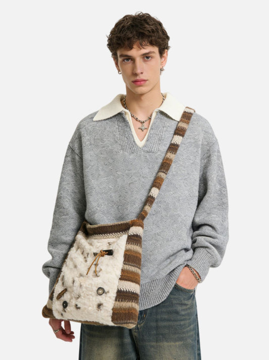 Winter Knit Scarf Strap Faux Fur Hobo Bag