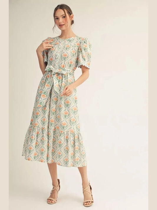 Apricot Floral Midi Dress