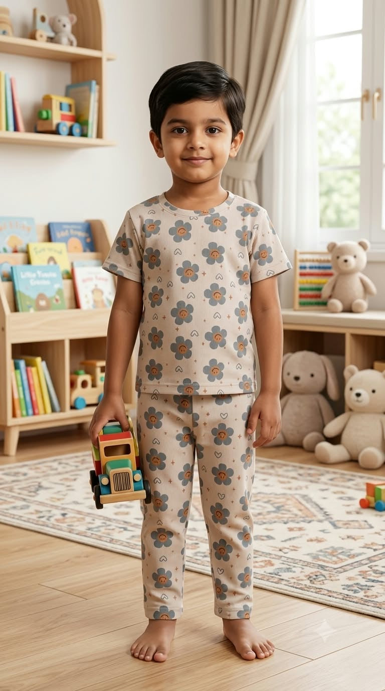 Smiling flower Ribbed Pant Set  (1-6 years )