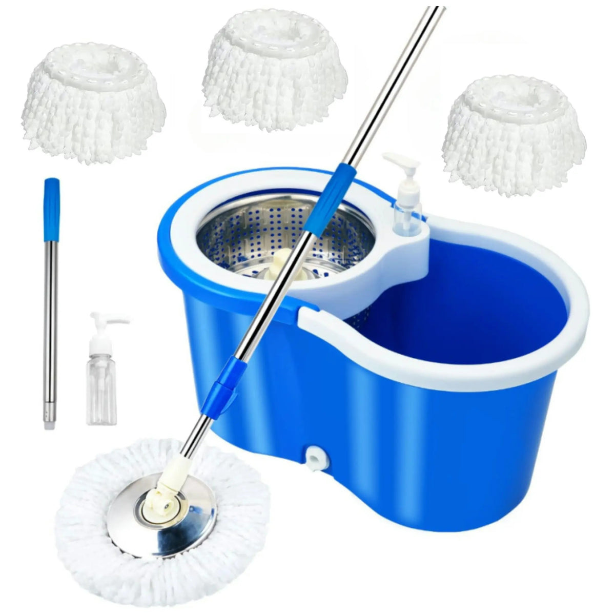 Spin Mop and Bucket Set, 360° Rotating Mop with Wringer, 3 Microfiber Replacement Heads & 61-Inch Adjustable Handle