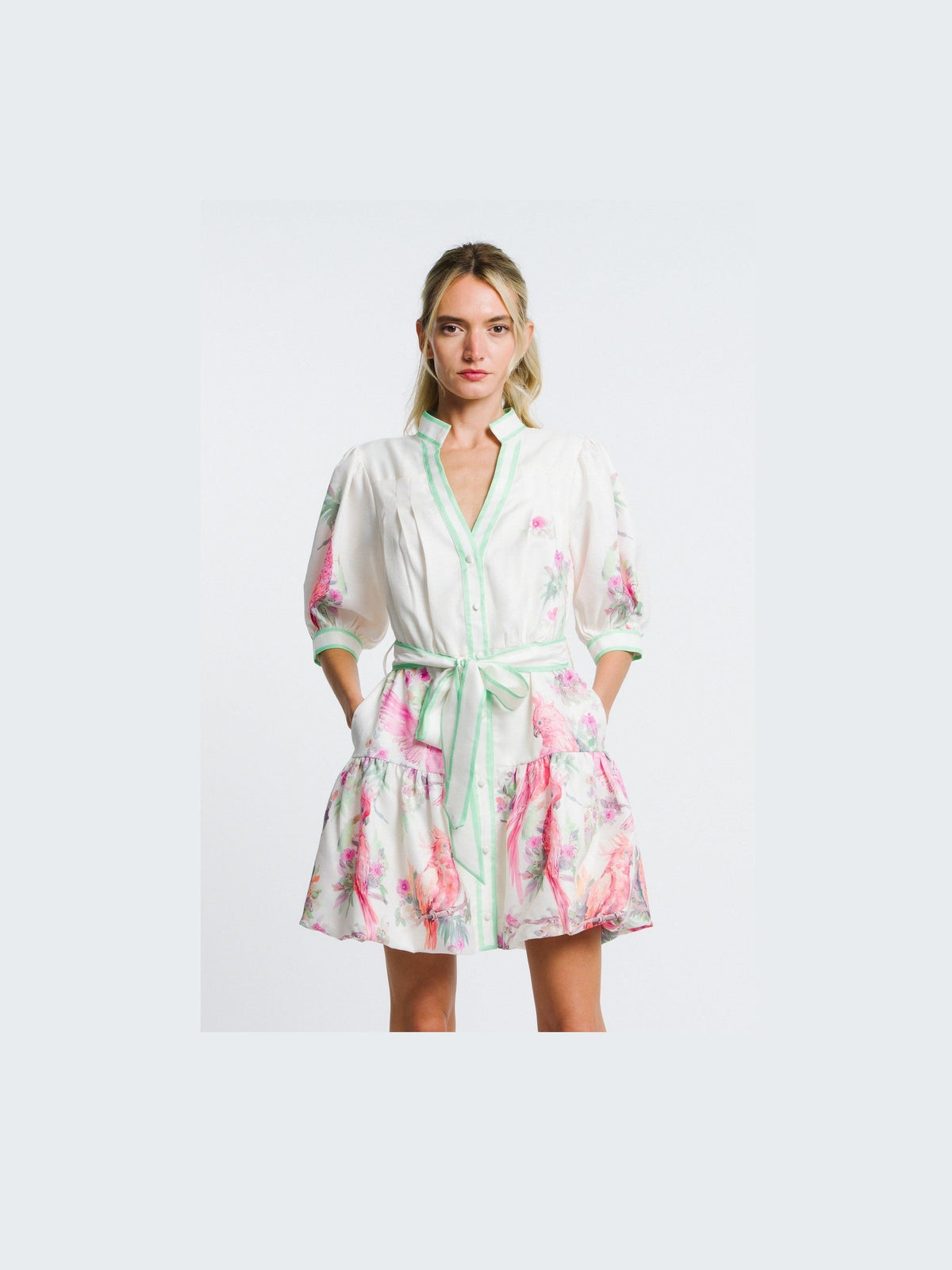 Ashton Bird Print Mini Shirt Dress
