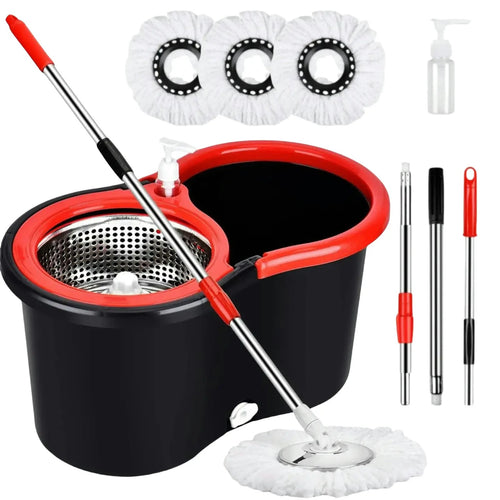 Spin Mop and Bucket Set, 360° Rotating Mop with Wringer, 3 Microfiber Replacement Heads & 61-Inch Adjustable Handle