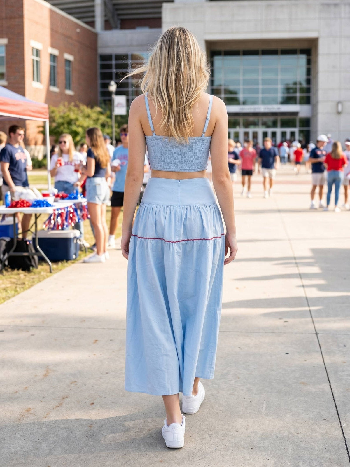 Lace Trimmed Skirt Set - Powder Blue / Red