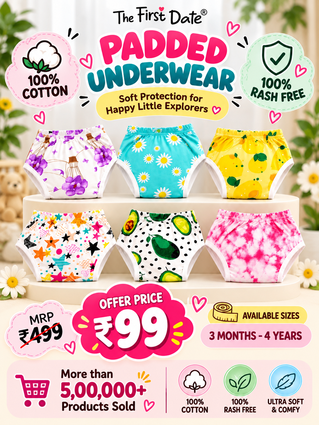 Padded underwear Pack of 1  (3 Months -4 Years) ASSORTED DESIGNS