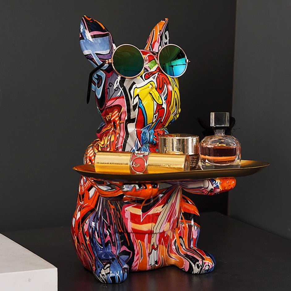 ArtZ® French Bulldog Graffiti Painted Sculpture Table Tray With Piggy Bank
