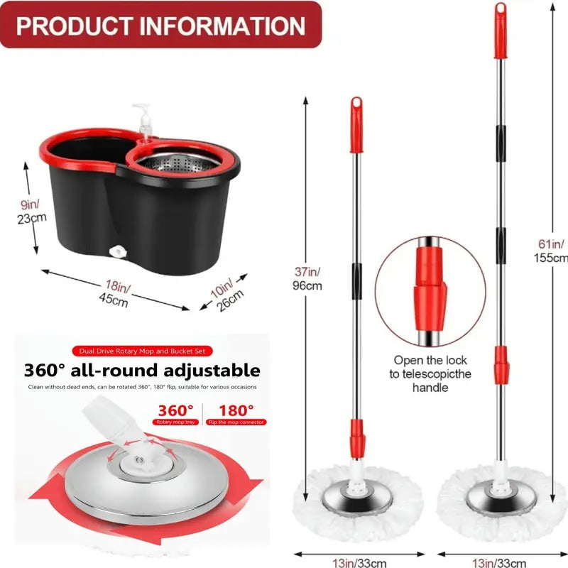 Spin Mop and Bucket Set, 360° Rotating Mop with Wringer, 3 Microfiber Replacement Heads & 61-Inch Adjustable Handle