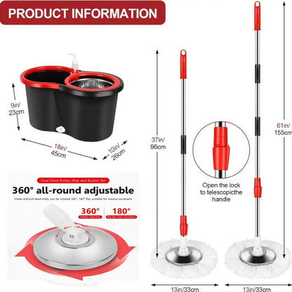 Spin Mop and Bucket Set, 360° Rotating Mop with Wringer, 3 Microfiber Replacement Heads & 61-Inch Adjustable Handle
