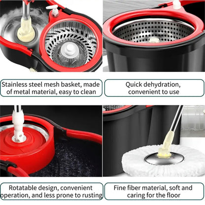 Spin Mop and Bucket Set, 360° Rotating Mop with Wringer, 3 Microfiber Replacement Heads & 61-Inch Adjustable Handle