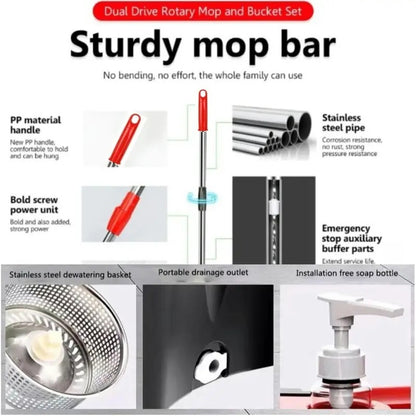 Spin Mop and Bucket Set, 360° Rotating Mop with Wringer, 3 Microfiber Replacement Heads & 61-Inch Adjustable Handle