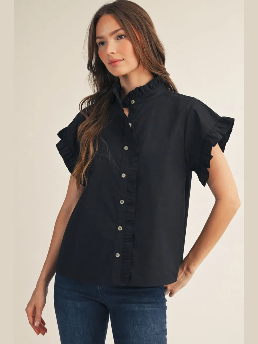 Ruffle Sleeve Button Up Blouse - Black