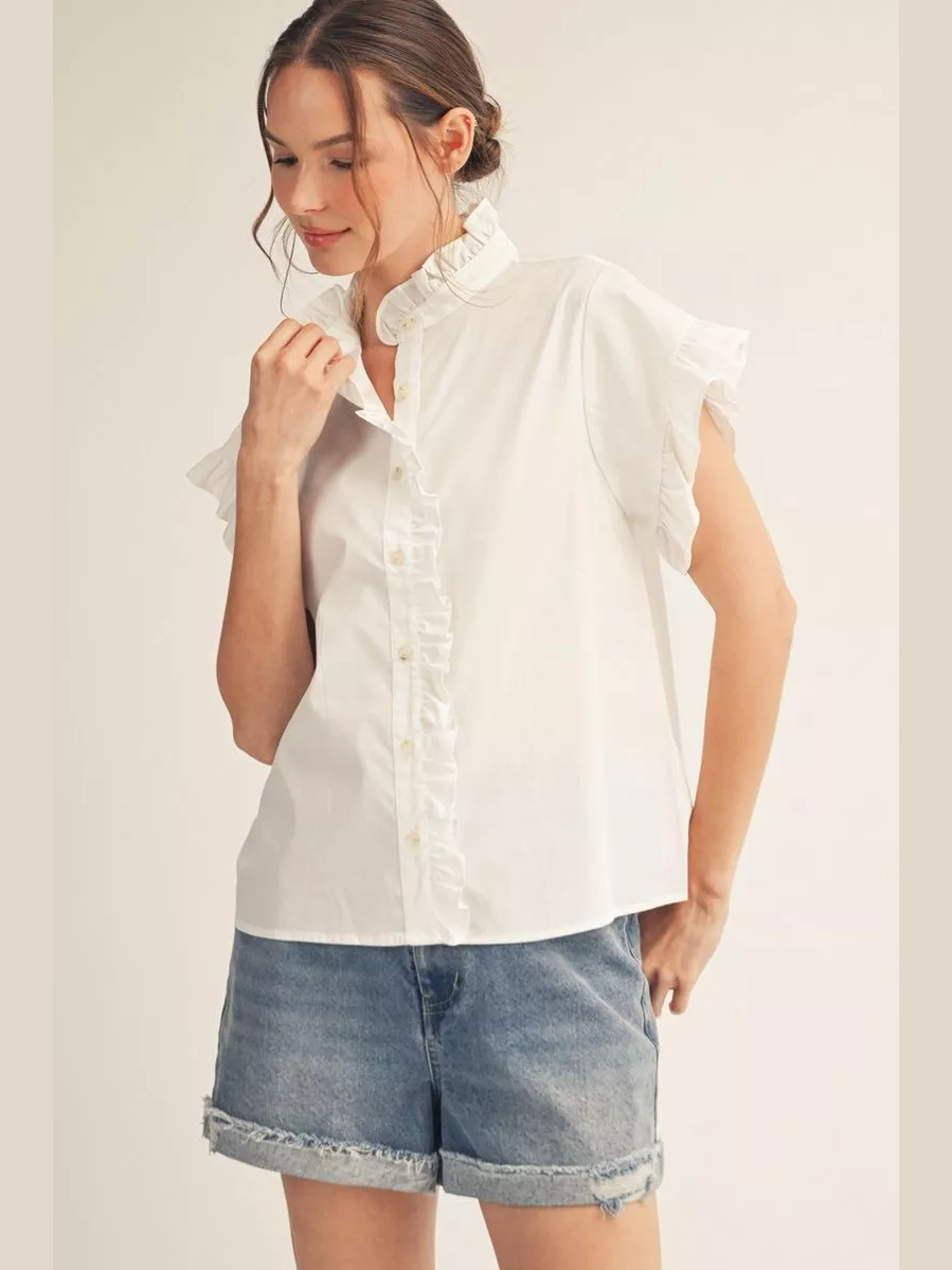 Ruffle Sleeve Button Up Blouse - White