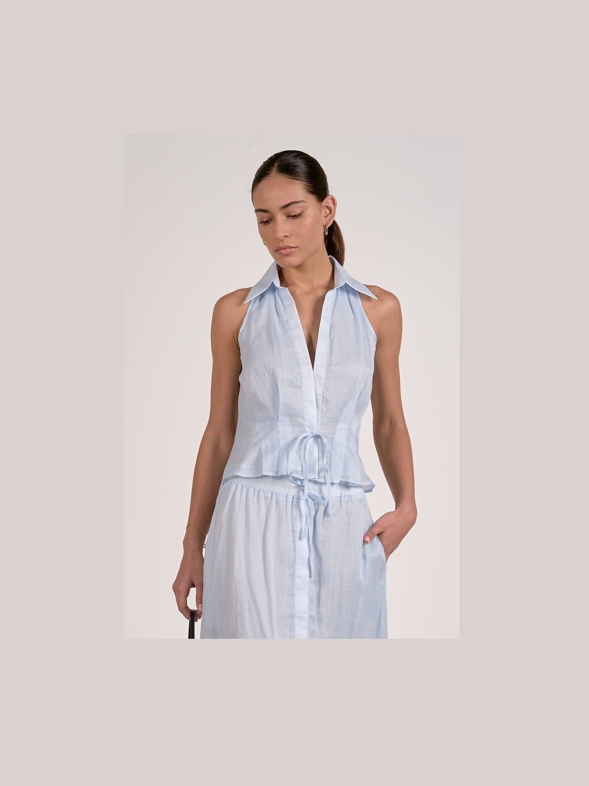 Linen Collared Tie Top - Light Blue